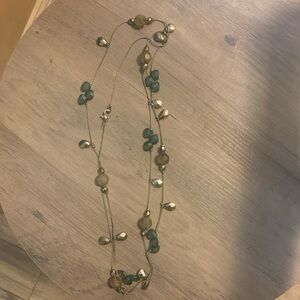 Gold beaded Long Necklace with Green and Amber Accents